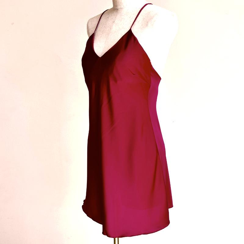 Women's Red V-Neck Spaghetti Strap Nightgown with Chest Pads - Ice Silk Pajamas for Spring and Autumn