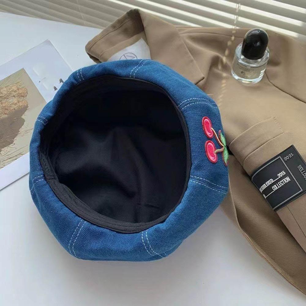 

Джинсовый берет Шляпа Кепка с козырьком Вишня Милые береты художника Весна Осень Cherry синий