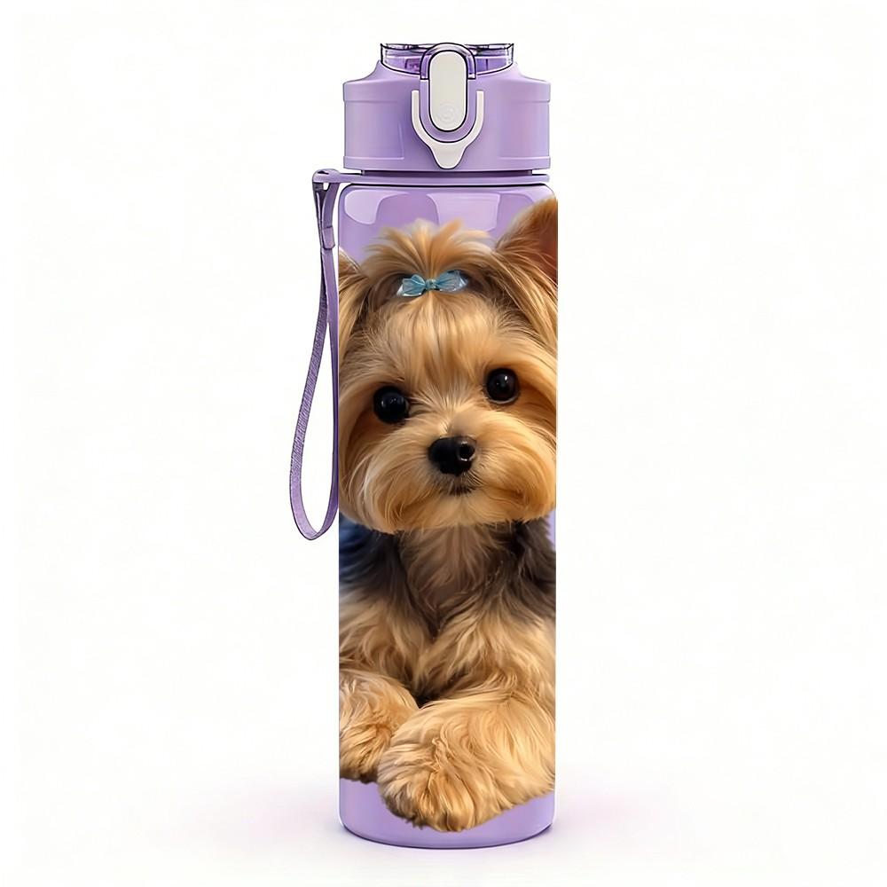 1PC Gentle Yorkie Puppy Close View 750ml Color Plastic Sports Water Bottle Leakproof Flip Straw Lid Suitable for Sports Office Home Use