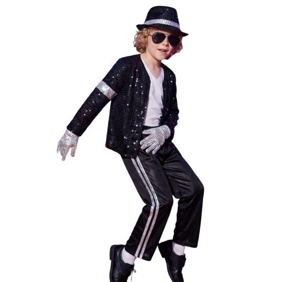 Kids 80s 90s Performance Costume, Black Sequin Jacket, Top, Trousers, Hat, Glasses, Gloves, 7 Piece Dance Party Outfits for Halloween, Stage