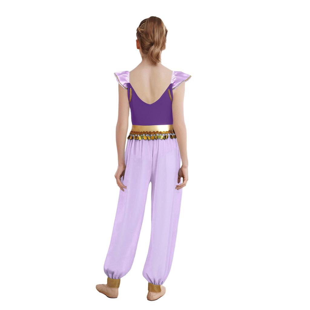 Girl Arabian Princess Costume Patchwork Flying Sleeves Rhinestone Sequins Tassels Side Slit Chiffon Pants