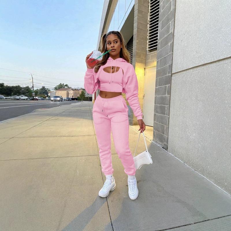 Fashion Women's Clothing Fleece Drawstring Solid Color Hooded Sweater Long Sleeve Drawstring Pants Three-piece Set