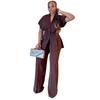 Women's Dark Brown Short Sleeve Blazer and Wide Leg Pants Set