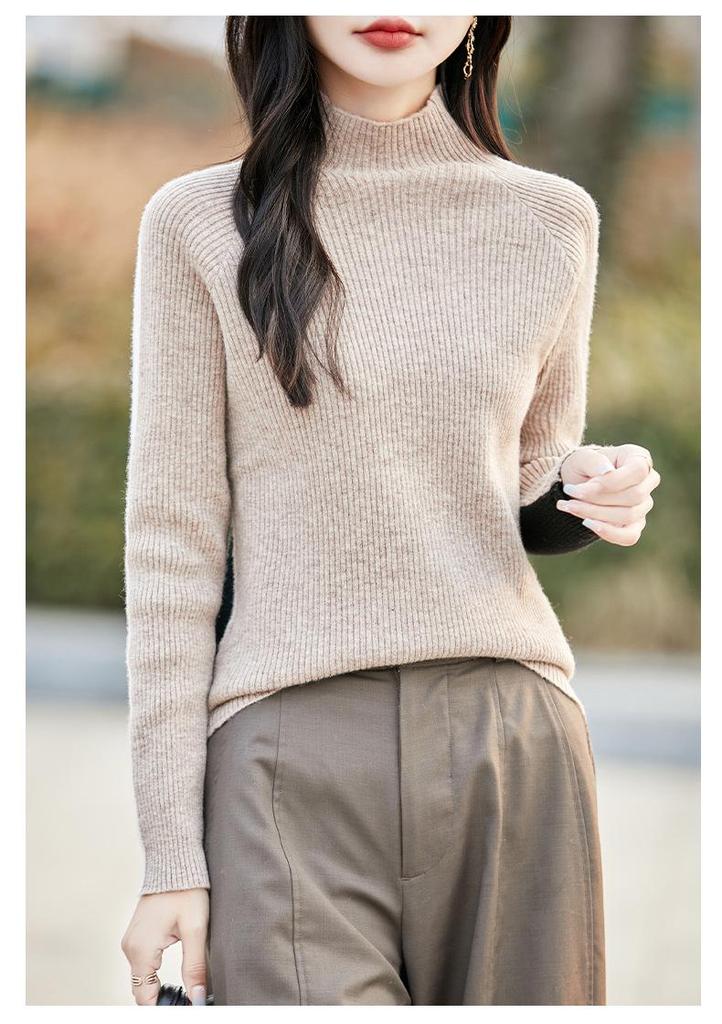 French Color-Block Ribbed Wool Knit Top - Women's New Autumn/Winter Long-Sleeved Half-High Neck
