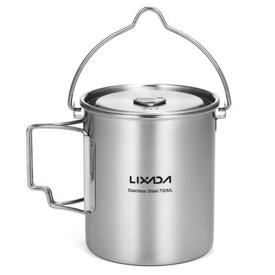 750 ml Edelstahl-Topf, tragbarer Wasserbecher mit Deckel und faltbarem Griff, Outdoor-Camping