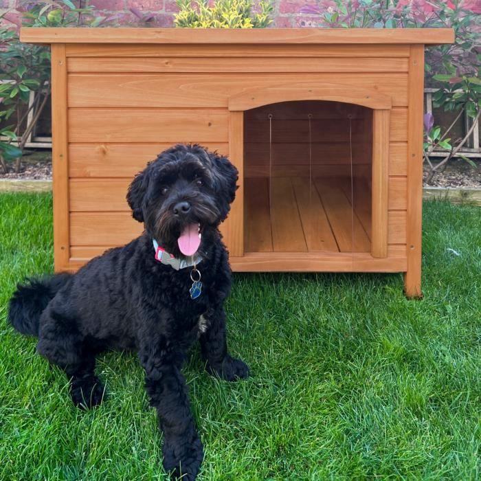 Small Brown Dog House - Fir Wood - Indoor/Outdoor - Flat Roof
