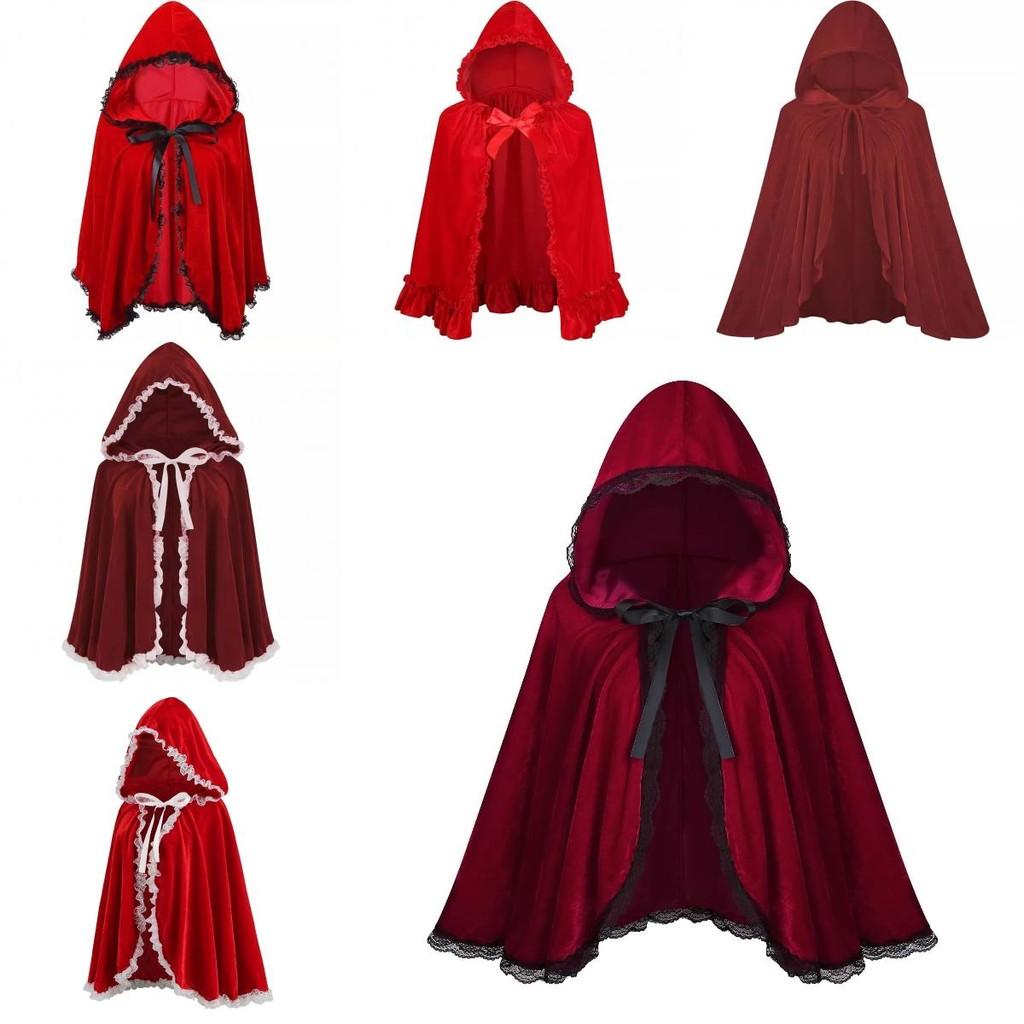 Lussuoso Mantello Corto con Cappuccio e Bordi in Pizzo Rosso Vino per Donna Perfetto per Halloween e Altro