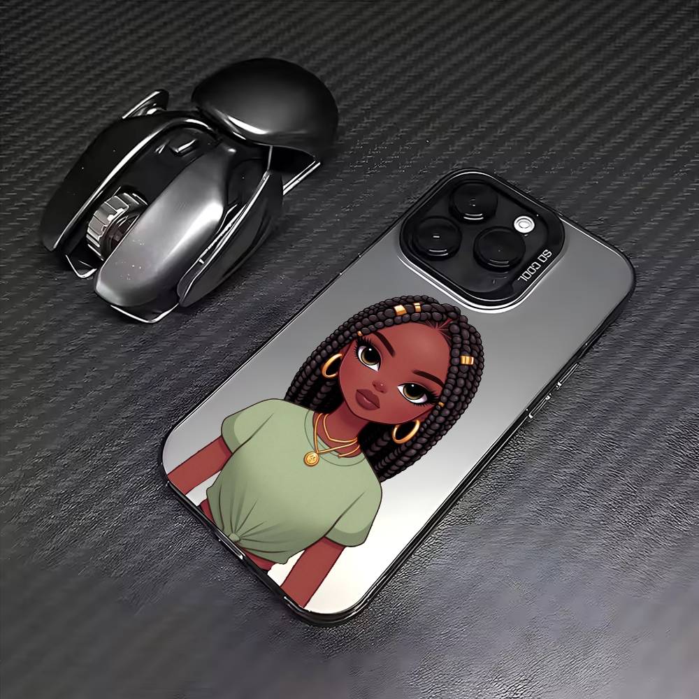 Afro Black Girls Cartoon Phone Case For iPhone 17,16,15,14,13,12,11 Plus,Pro Max,Colored Silver Phone Case