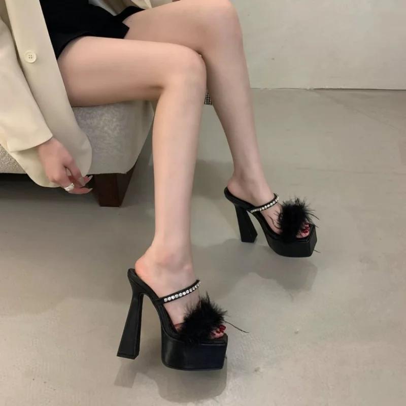 Fashion 2025 Summer 10cm High Heel Slippers Women New Style Thin Heel Platform Square Head Thick Bottom Black Hairy Sandals Shoes Women