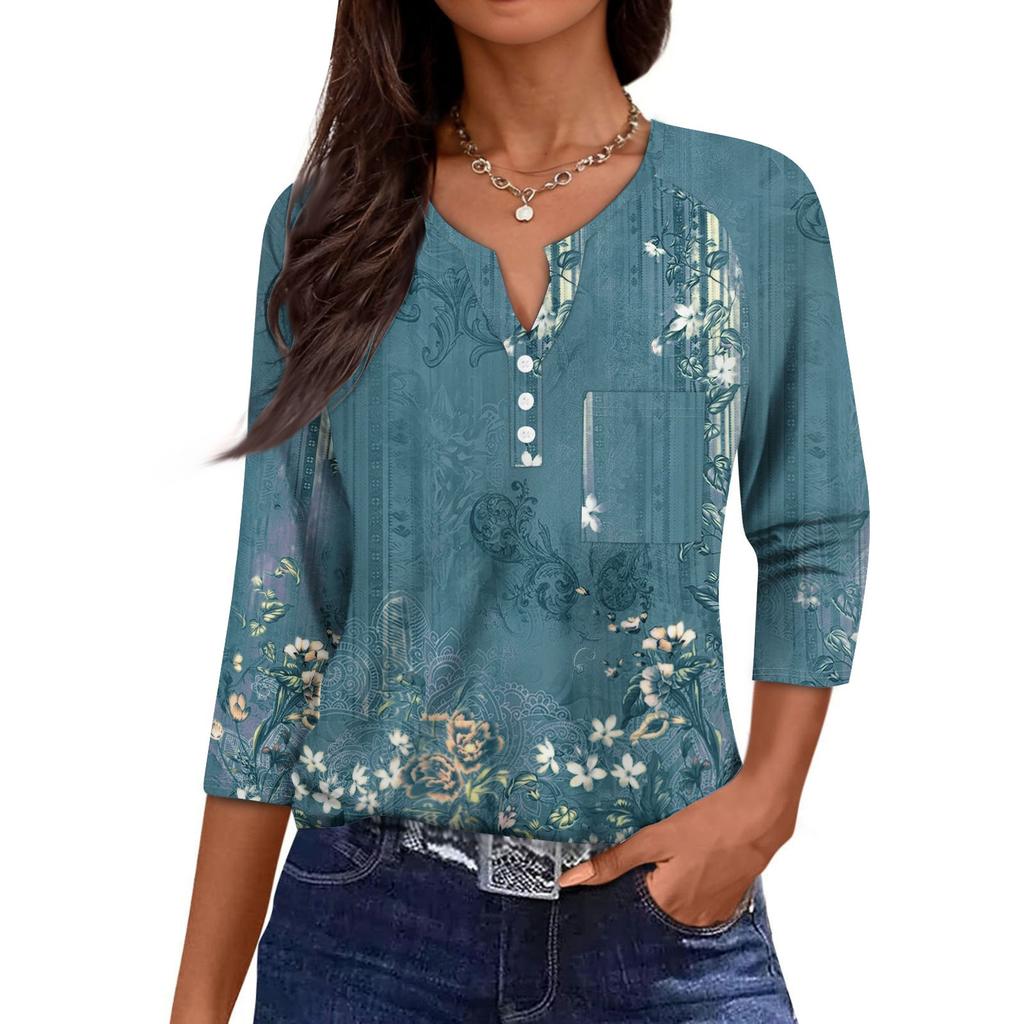 Damska Codzienna Modna Dekolt V Luźna Wszechstronna Kwiatowy Wzór Rękawy Trzyczwarte