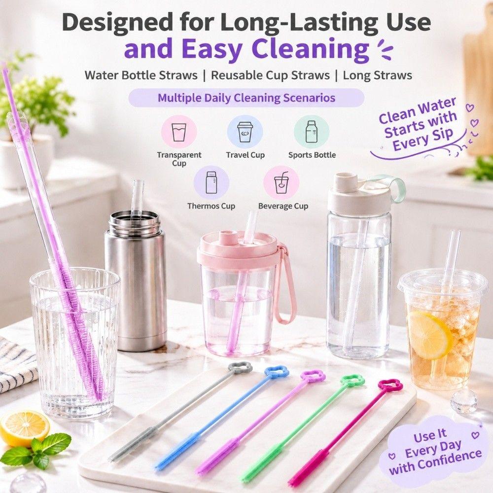 Soft Bristle Silicone Straw Brush Long Handle Bottle Brush Straw Cleaning Brush For Long Straws