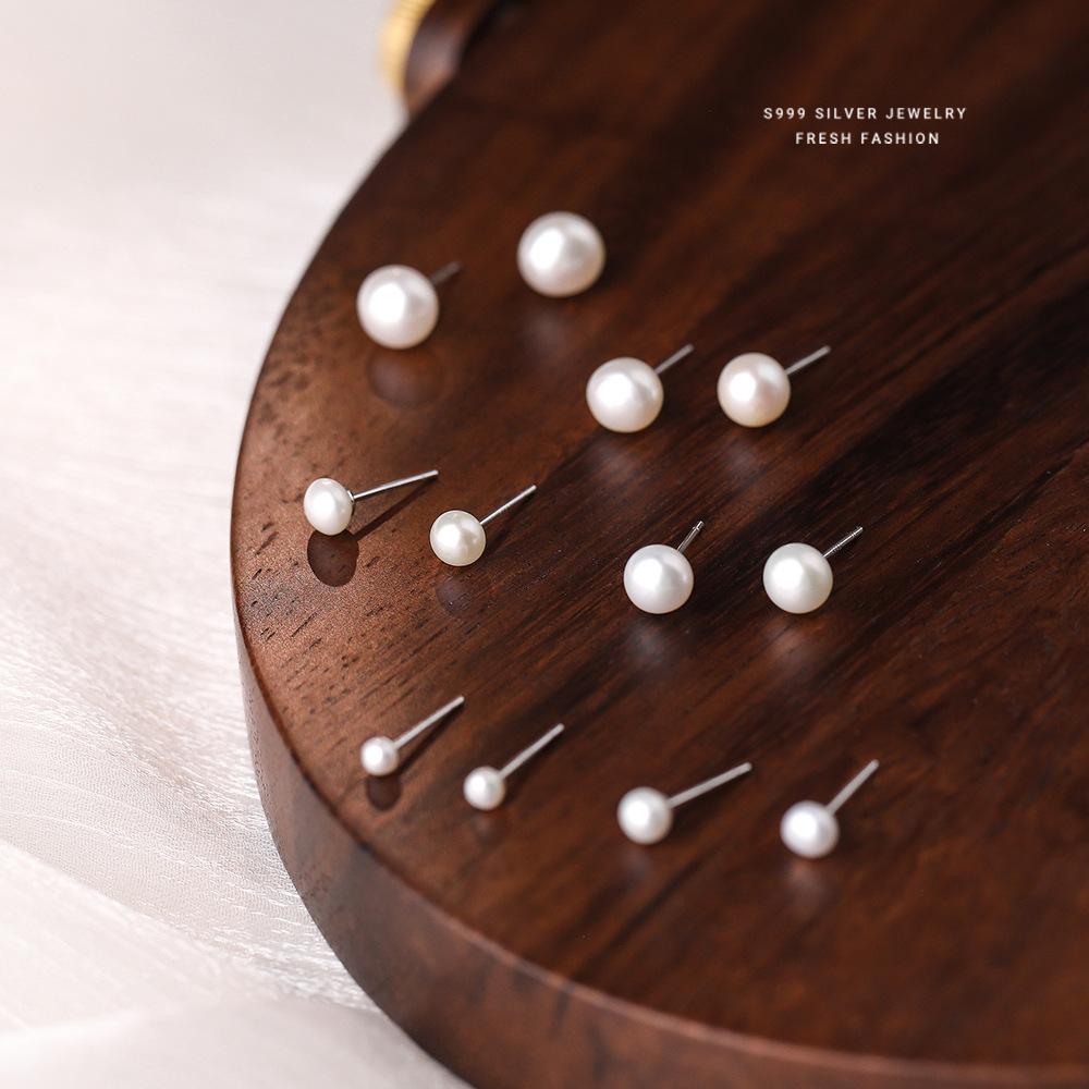 French Luxury Natural Freshwater Pearl 999 Sterling Silver Earrings for Women Simple Exquisite Wedding Jewelry