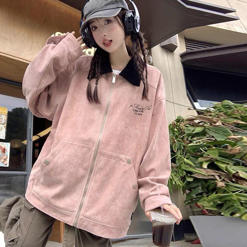 Frühling Herbst Locker Geschnittene Workwear Jacke Damen Rosa Baseballjacke