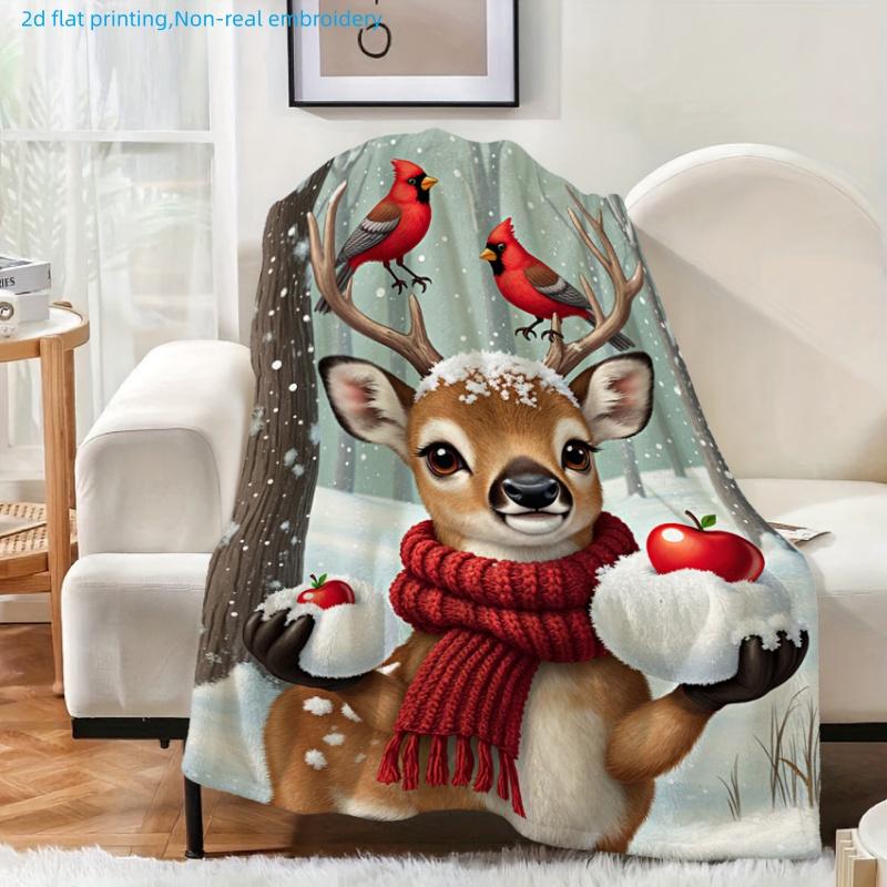 1pc Winter Christmas Reindeer and Red Bird Print Blanket, Festive Atmosphere, Multiple Sizes Available, Suitable for Living Room, Bedroom, Study, Offi