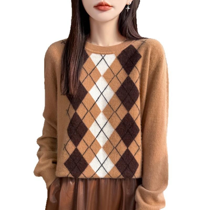 Französischer Rautenkaro Jacquard Pullover Damen Neu Verdickt Warmes Unterhemd Old Money Stil Retro Oberteil
