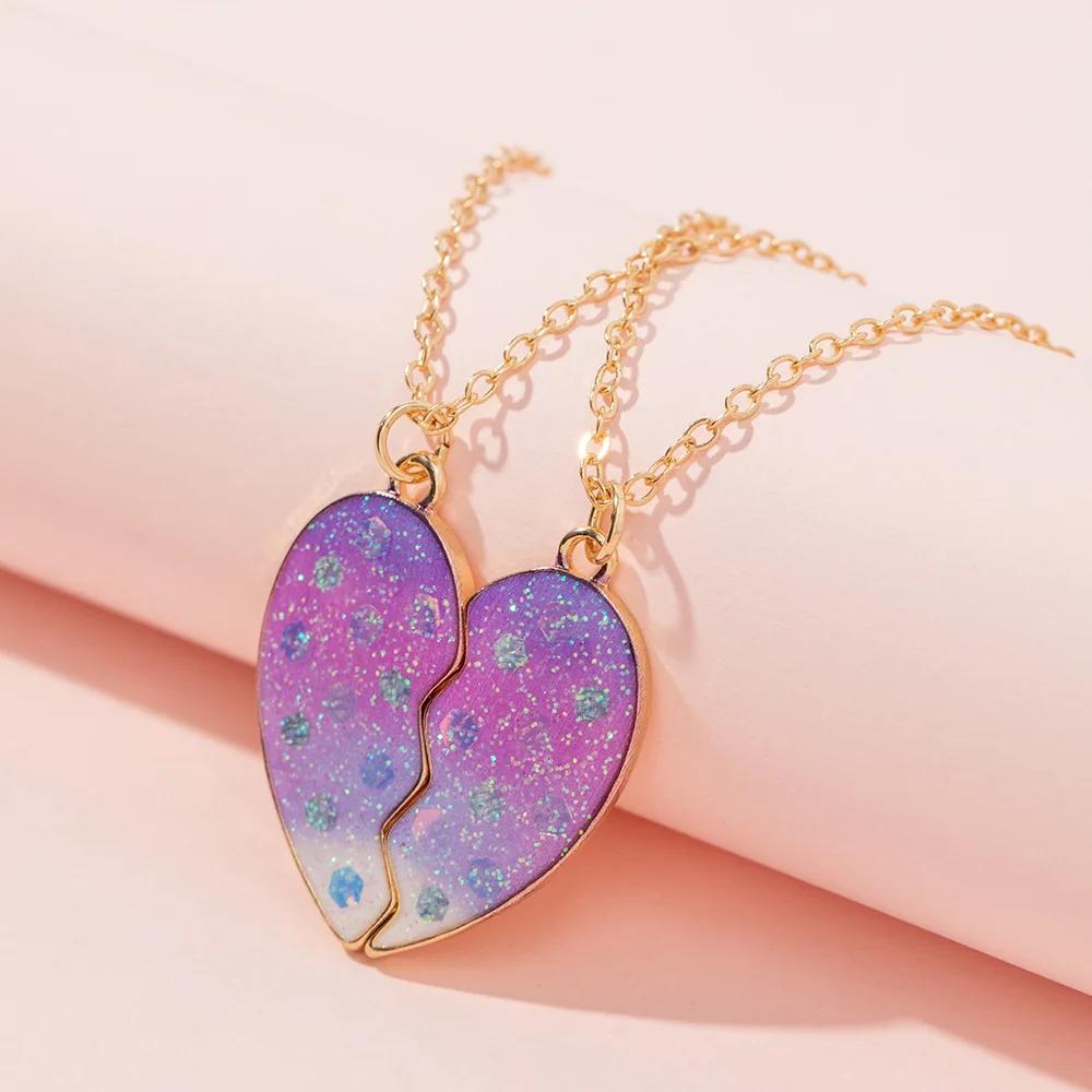 Heart-shaped Scallion powder Sequin Pendant Best Friend Chain Lovely BFF Friendship Necklace for Friend Girl 2 Pcs/Set