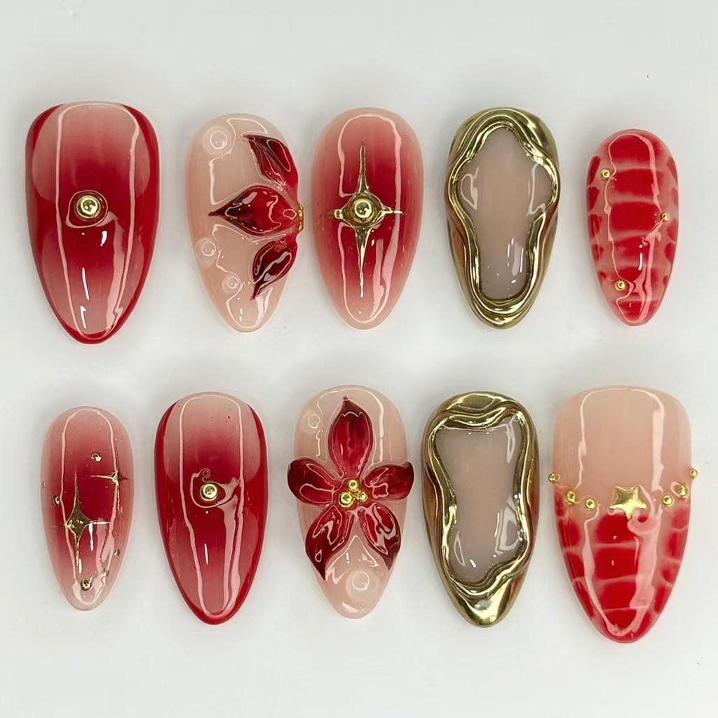 24Pcs Medium Almond Press On Nails 3D Butterfly Flower Blush Pearl Full Cover False Nail Tips