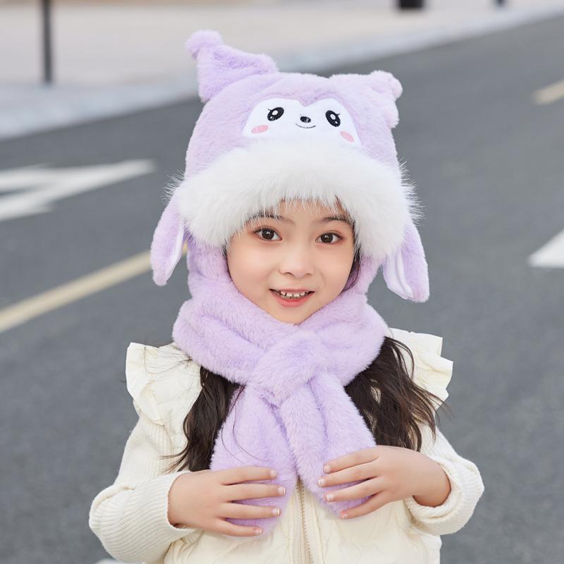 Children's hat ears move cartoon cute scarf integrated hat winter outdoor plush warm ear protector pullover hat