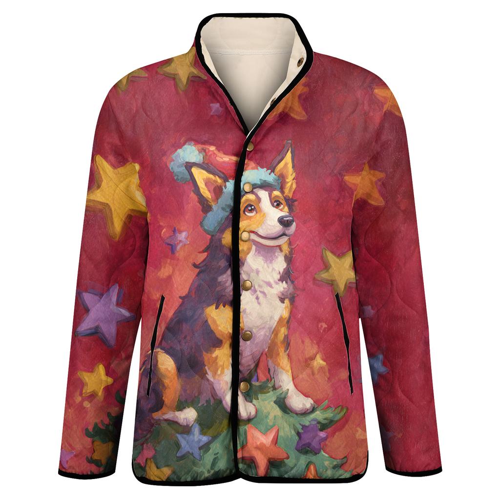 Dámský vánoční potisk s vysokým límcem polstrovaný bavlněný kabát s dlouhým rukávem a zapínáním na knoflíky