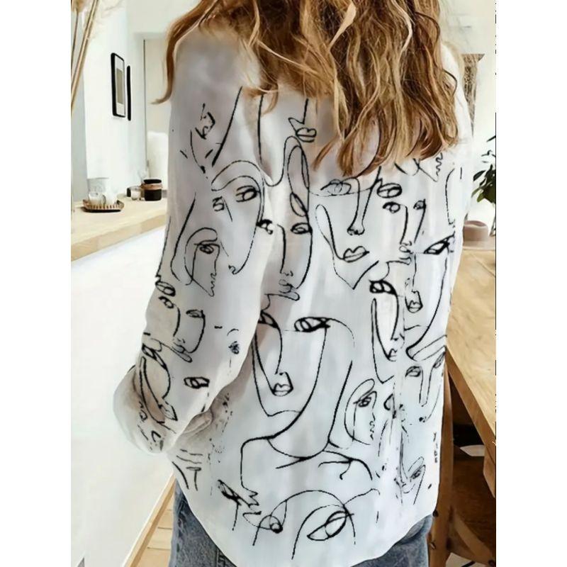 Fashion Style Spring & Fall New Arrival Single-Breasted Figure Print White Temperament Commute Ol Fashion Long Sleeve Shirt Top Female