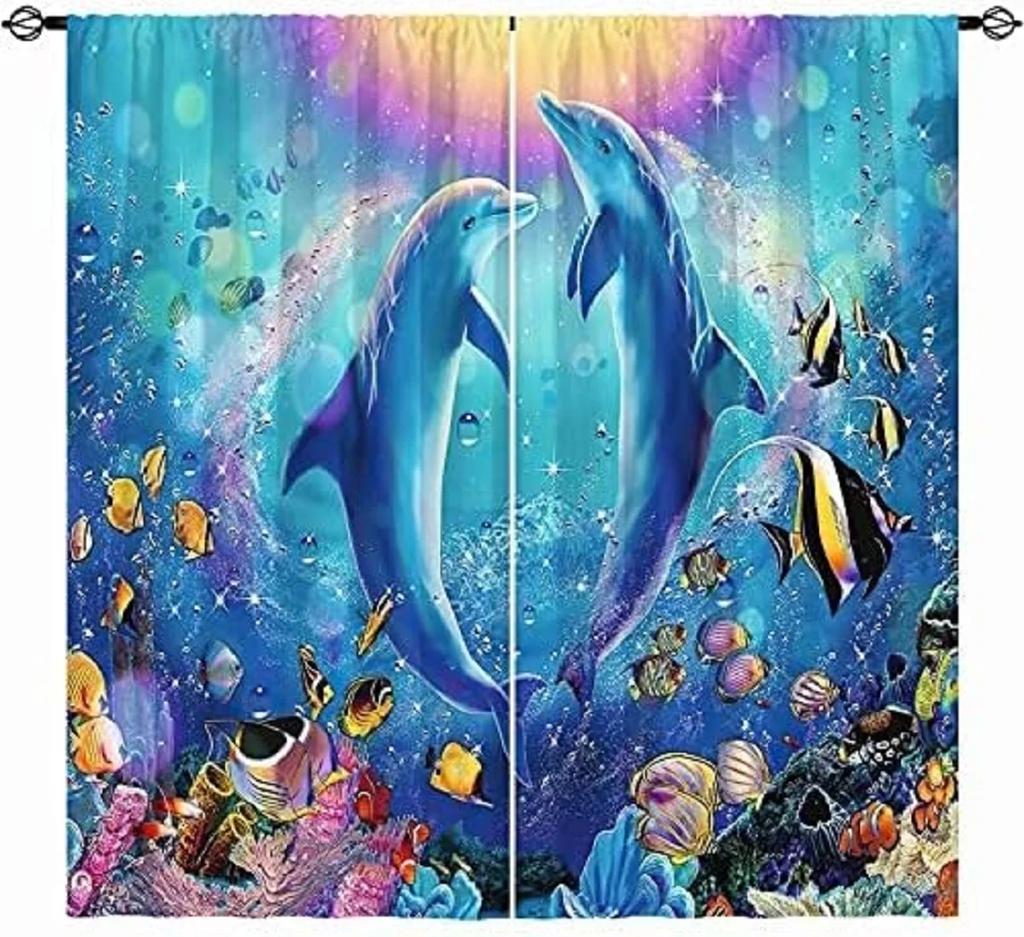 Ocean Animal Landscape Window Curtain, Coral with Nautical Map, Thin, Octopus, Living Room, Bedroom Decor