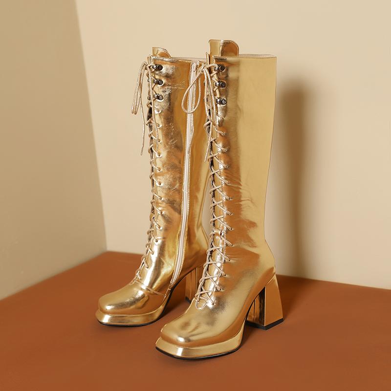 Q/Damen-Stiefel mit hohen Absätzen, Herbst und Winter, neue Mode, dicker Absatz, übergroße, vielseitige Ritterstiefel