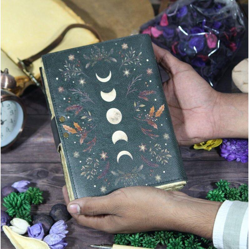 Moon Phases Leather Journal: Antique Deckle Edge Paper Grimoire
