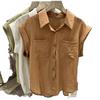 Summer Double Pocket Sleeveless Thin Shirts Loose Solid Color Pure Cotton Women's Blouses & Shirt