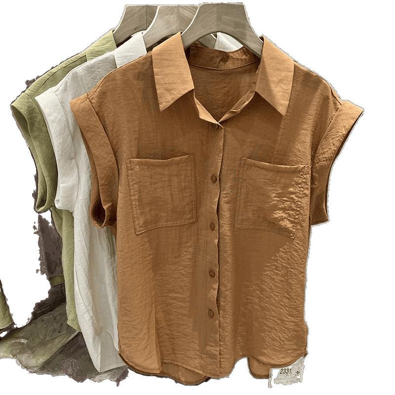 Summer Double Pocket Sleeveless Thin Shirts Loose Solid Color Pure Cotton Women's Blouses & Shirt