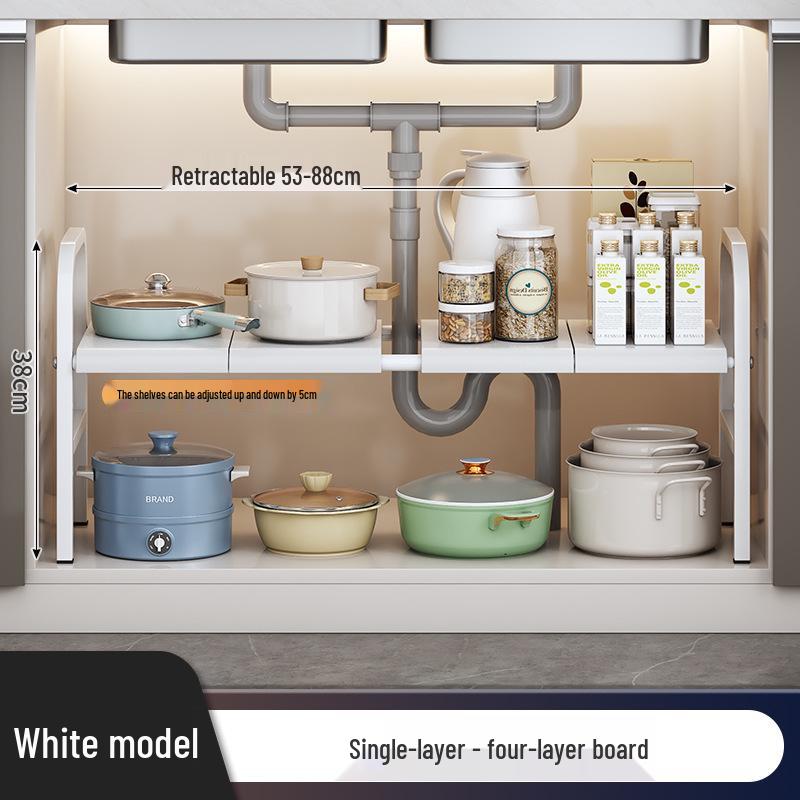 Rozšiřitelný kuchyňský úložný regál: Podumyvadlová police na organizér na nádobí