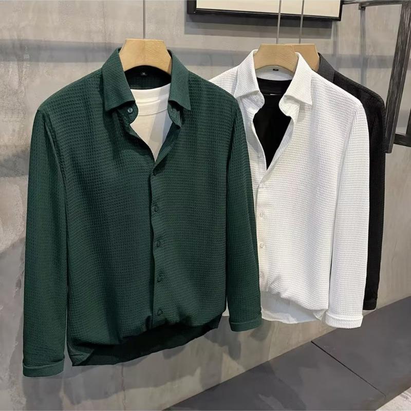 Men's Waffle Knit Long Sleeve Shirt Casual Button Down Streetwear Top