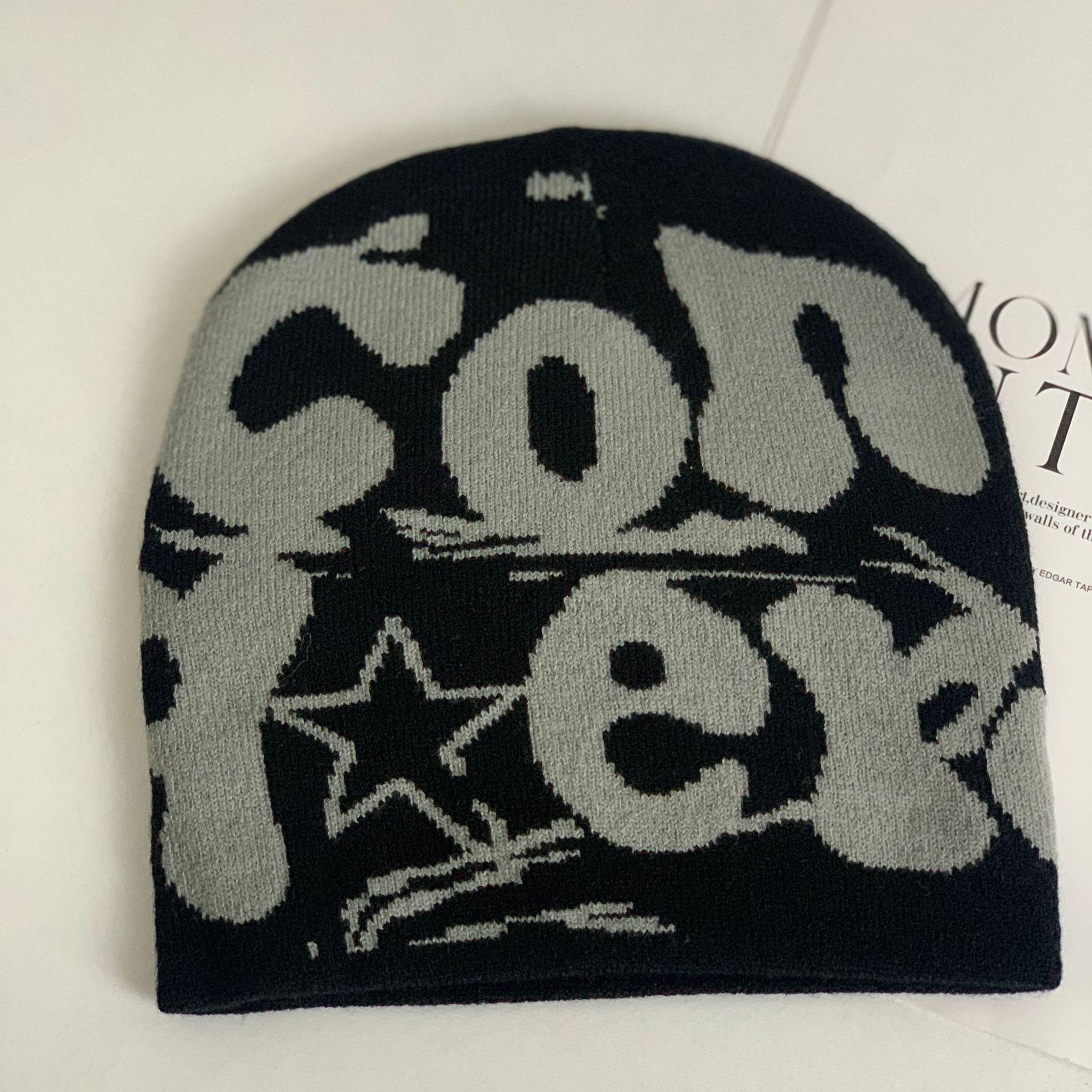 

Модная шерстяная шапка с буквами на осень и зиму, теплая мужская вязаная шапка для пары, уличная шапка M（56-58cm）