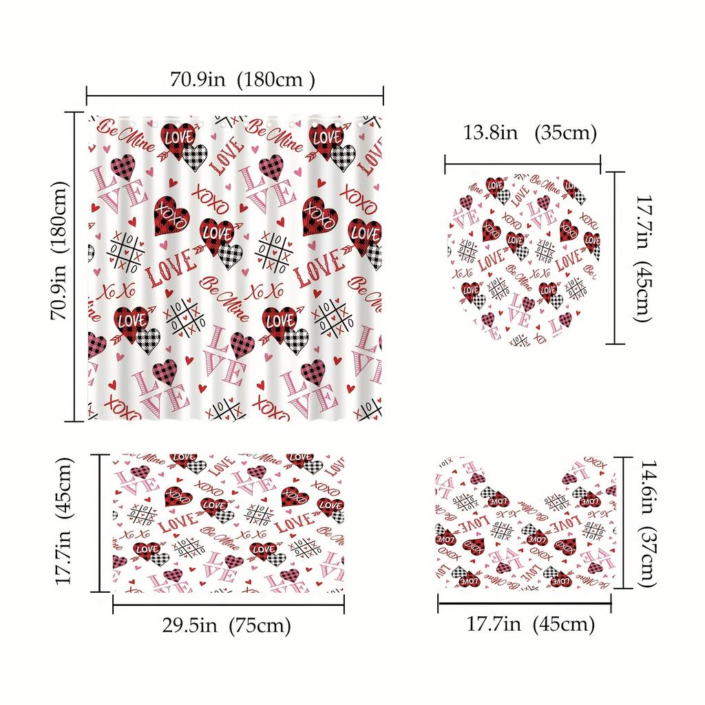 Valentine'S Day Bathroom Set Of 4 – Romantic Shower Curtain & Toilet Lid Cover+2 Bath Mats,Love Be Mine Xoxo Plaid Hearts Design