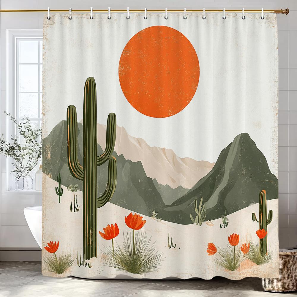 Nordic Art style Plant Cactus Printed Shower Curtain Bathroom Curtain,Hanging Curtain With 12 Hooks Decoration Machine Washable