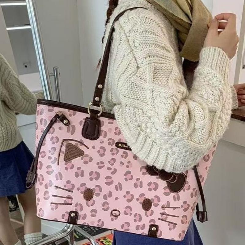 Hello Kitty Umhängetasche Niedliches Retro-Leopardenmuster-Design Große Kapazität Tragetasche für Damen