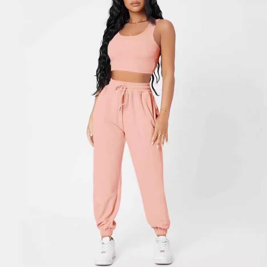 GMXIA Spring Solid-color Round-neck Vest Women's High-waisted Fashionable Casual Long Pants Set