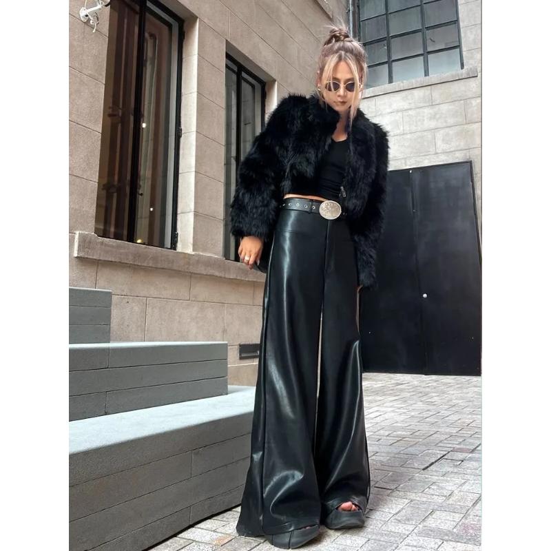 Schwarze High-Waist-Hose mit weitem Bein aus Kunstleder, lockere Passform, lässige Damenmode, stilvolle Alltags-Hose