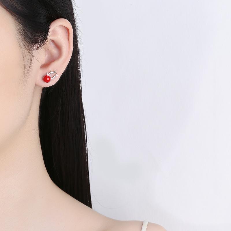 S925 Sterling Silver Reindeer Snowflake Red Earrings - Christmas Series Studs for Women