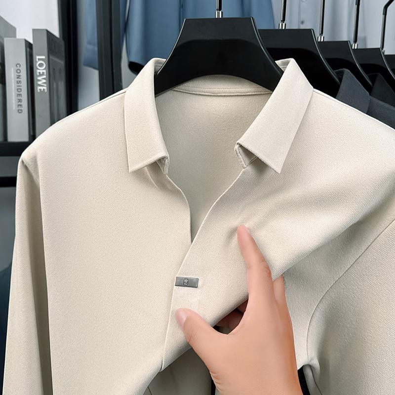 High End Quality Men'S Polo Shirt Solid Color Simple V-Neck No Trace Long Sleeve Autumn Lapel T-Shirt Business Classic Menswear