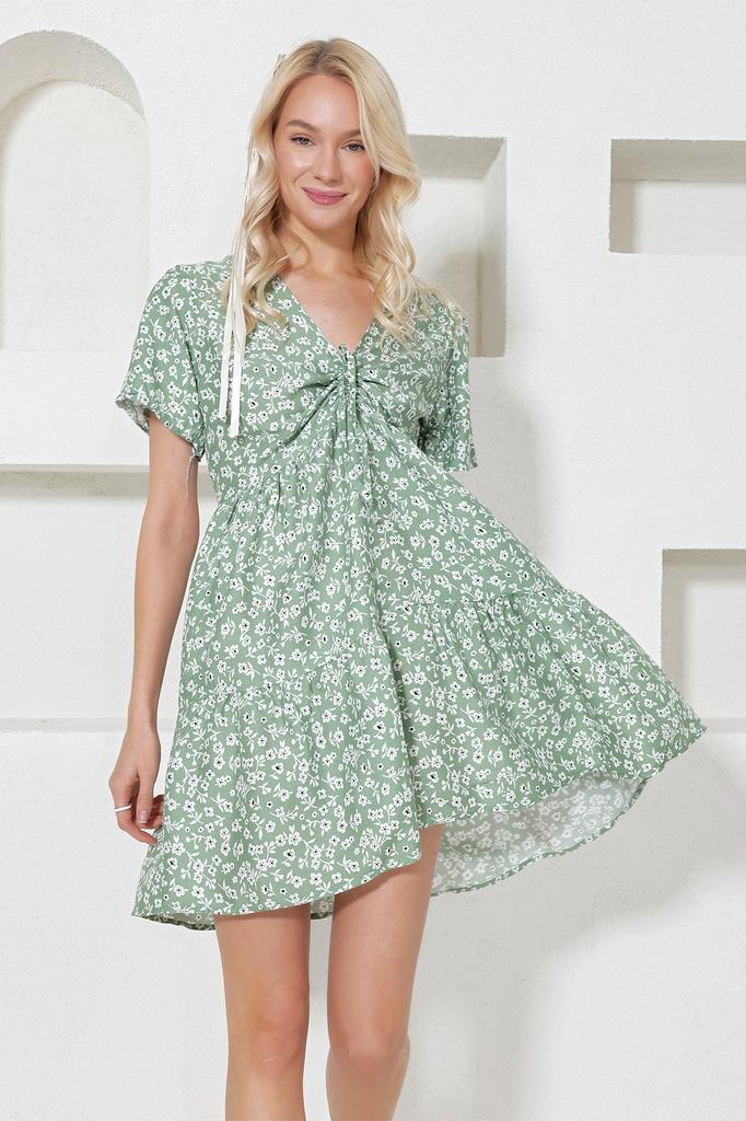 Women's Dress New Season Fashion Blue V-Neck Floral Patterned Skirt Flounce Woven Dress