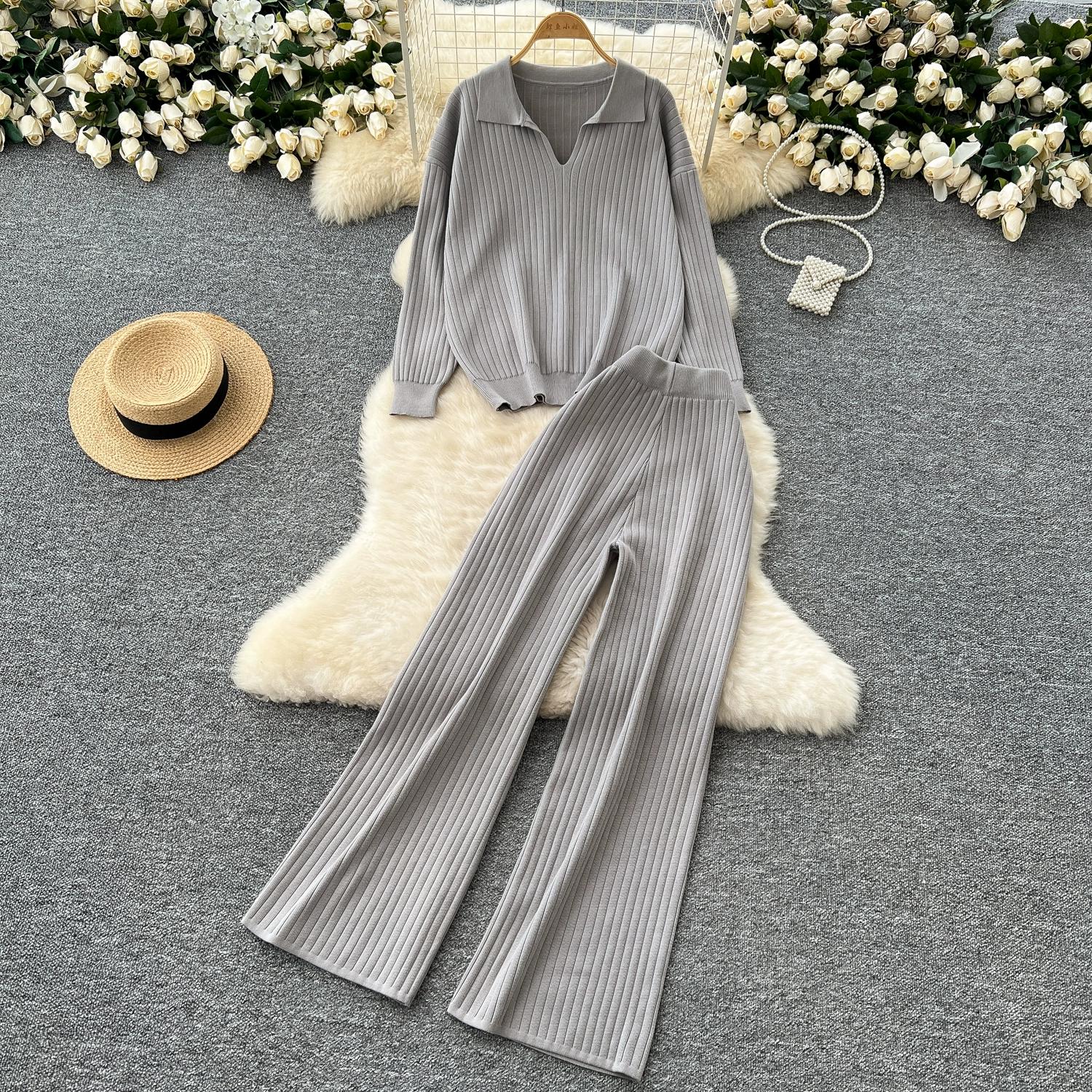 

Трикотажні штани осінь-зима Комплект із двох предметів Жіночий пуловер з лацканами Топ і широкі штани Светр Спортивний костюм One Size сірий