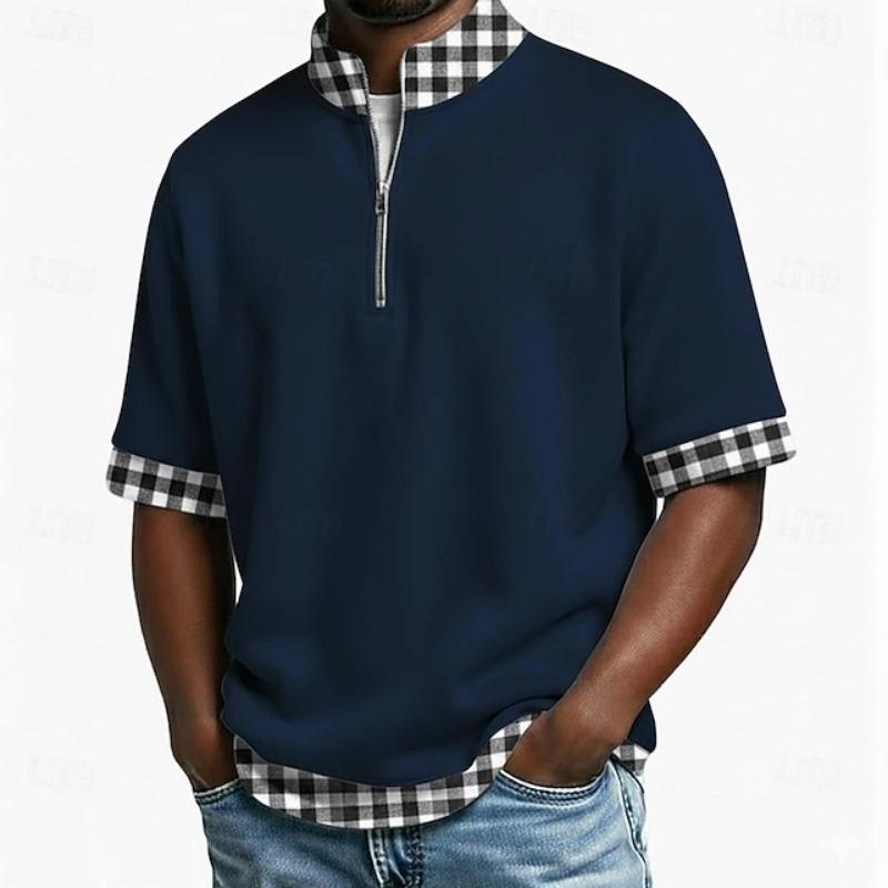 

Mens Plaid Patchwork Half Zip Mock Neck Short Sleeve T Shirt S