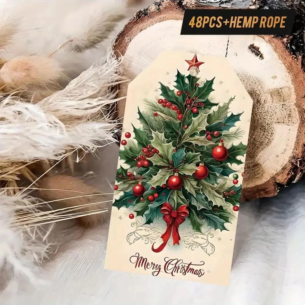 48Pcs Vintage with Rope Christmas Gift Tags Santa Claus Elk Christmas Hanging Label Paper Christmas DIY Cards Party Decoration