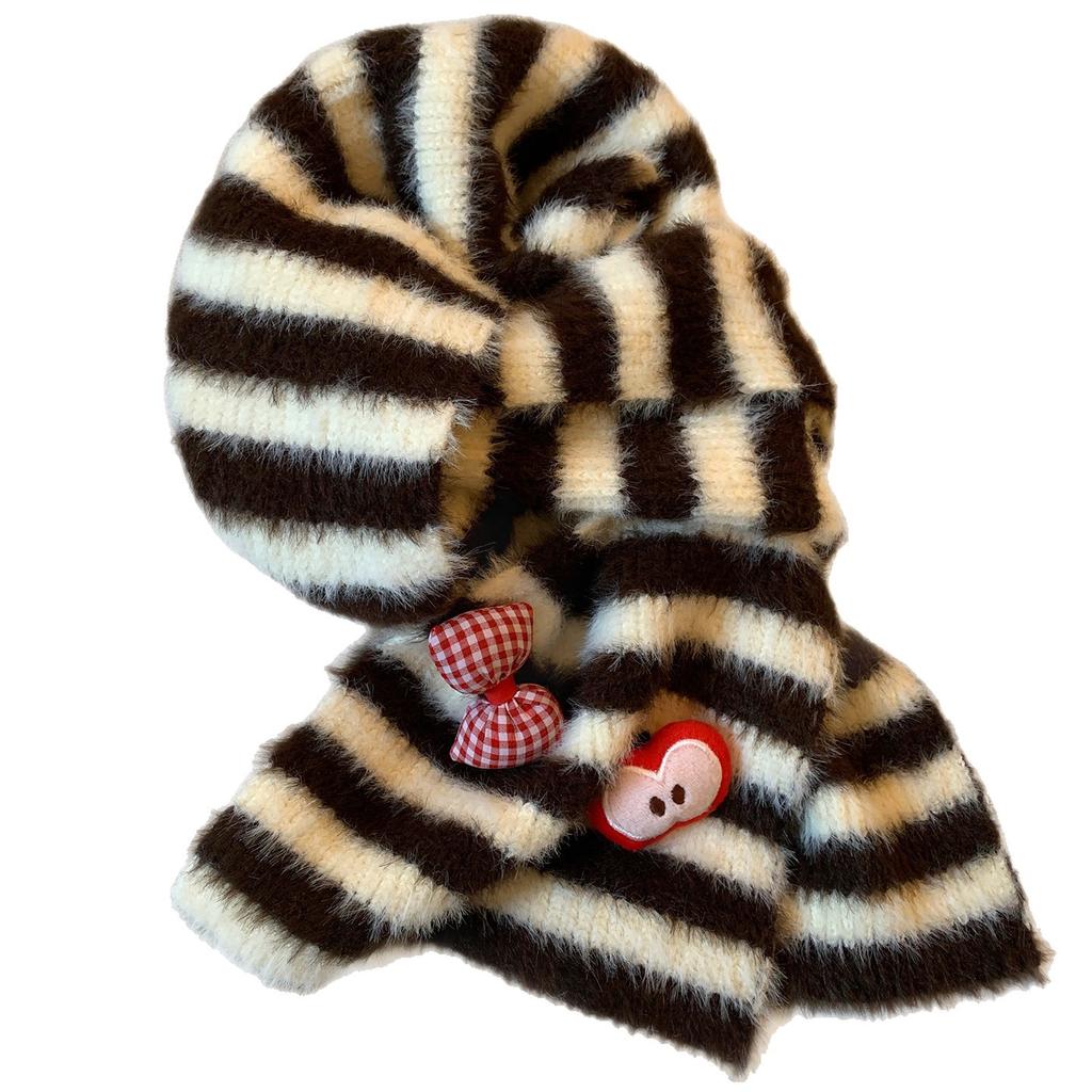 Apple Bow Red Striped Plush Knitted Scarf Women's Autumn and Winter Korean Atmosphere Warm Neck Scarf