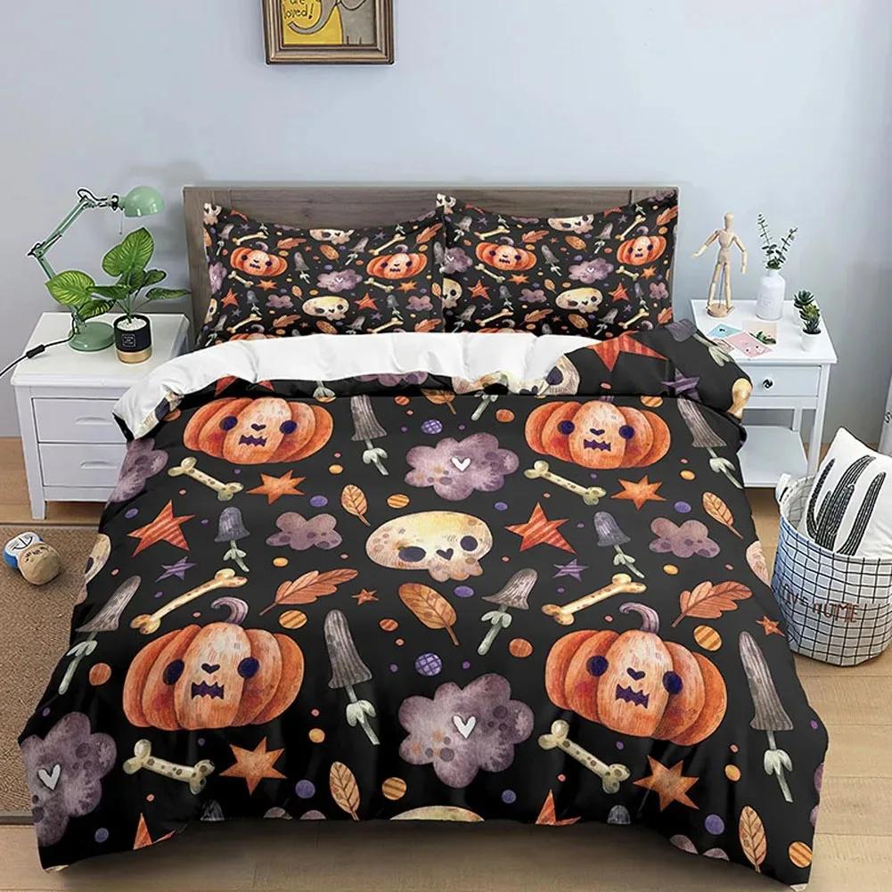 Skull Halloween Bats Bedding Set Boys Girls Twin Queen Size Duvet Cover Pillowcase Bed Kids Adult Home Textileextile
