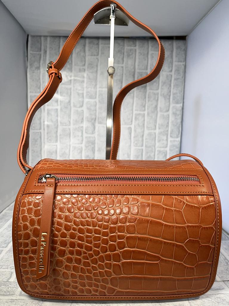 Italian Leather Crocodile Embossed Shoulder Bag with Flap LPR15 (Orange Brown) Travel Shoulder Bag