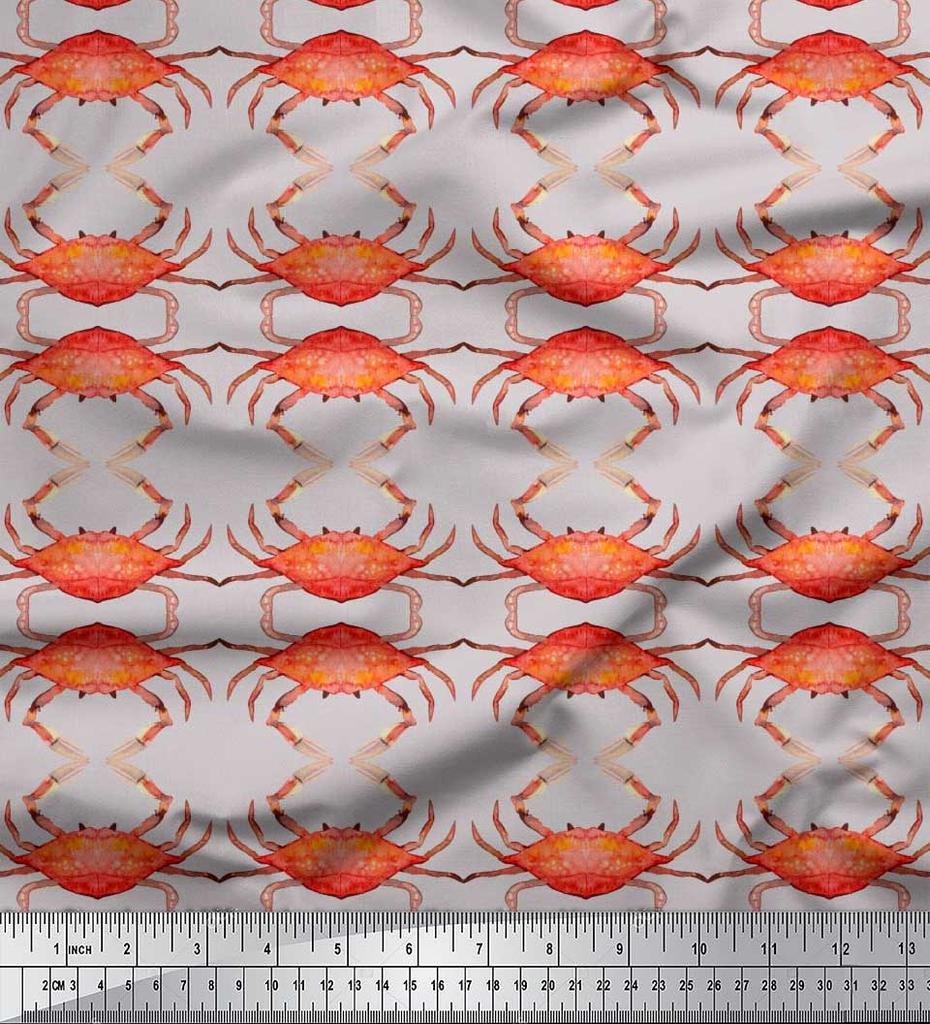 Soimoi Beige Japan Crepe Satin Fabric Crabs Ocean Print Fabric by the metre 42 Inch