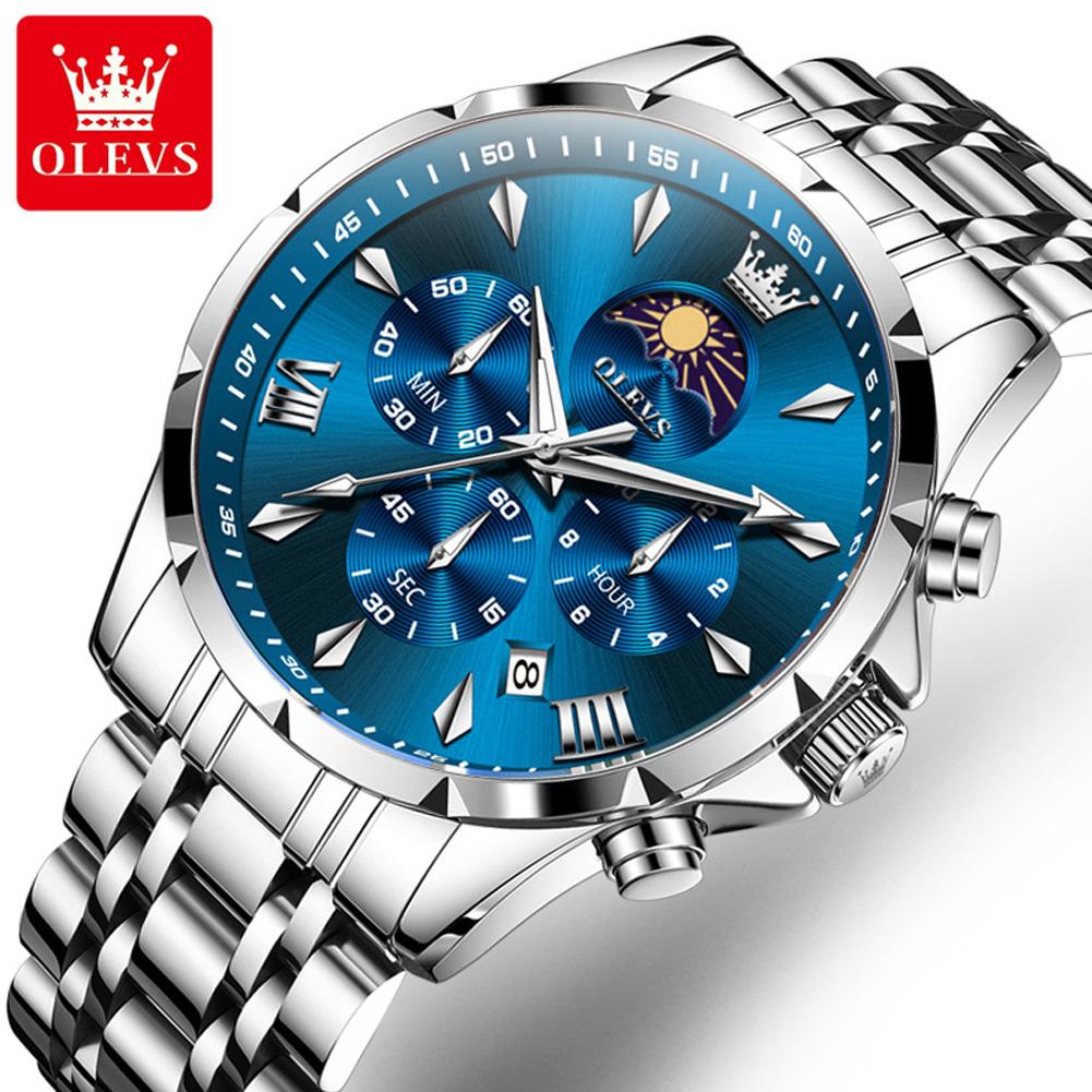 OLEVS Fashion Silver Blue Stainless Steel Watches for Men Sport Waterproof Man Moon Phase Date Male Quartz Wristwatch reloj