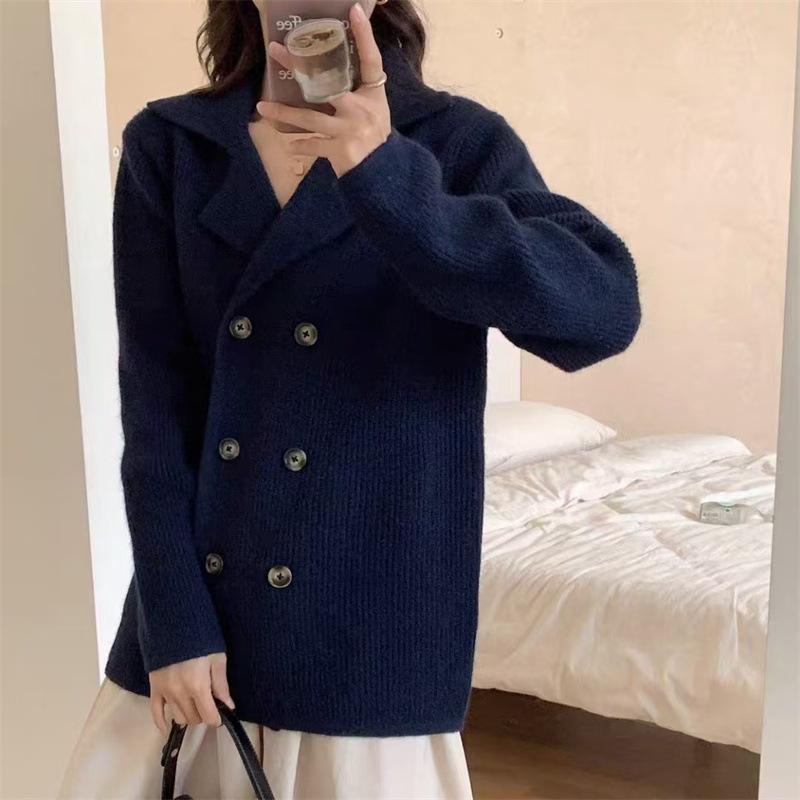 Autumn and winter new suit collar double-breasted lazy wind knitted cardigan high-end sweater jacket women's top trend