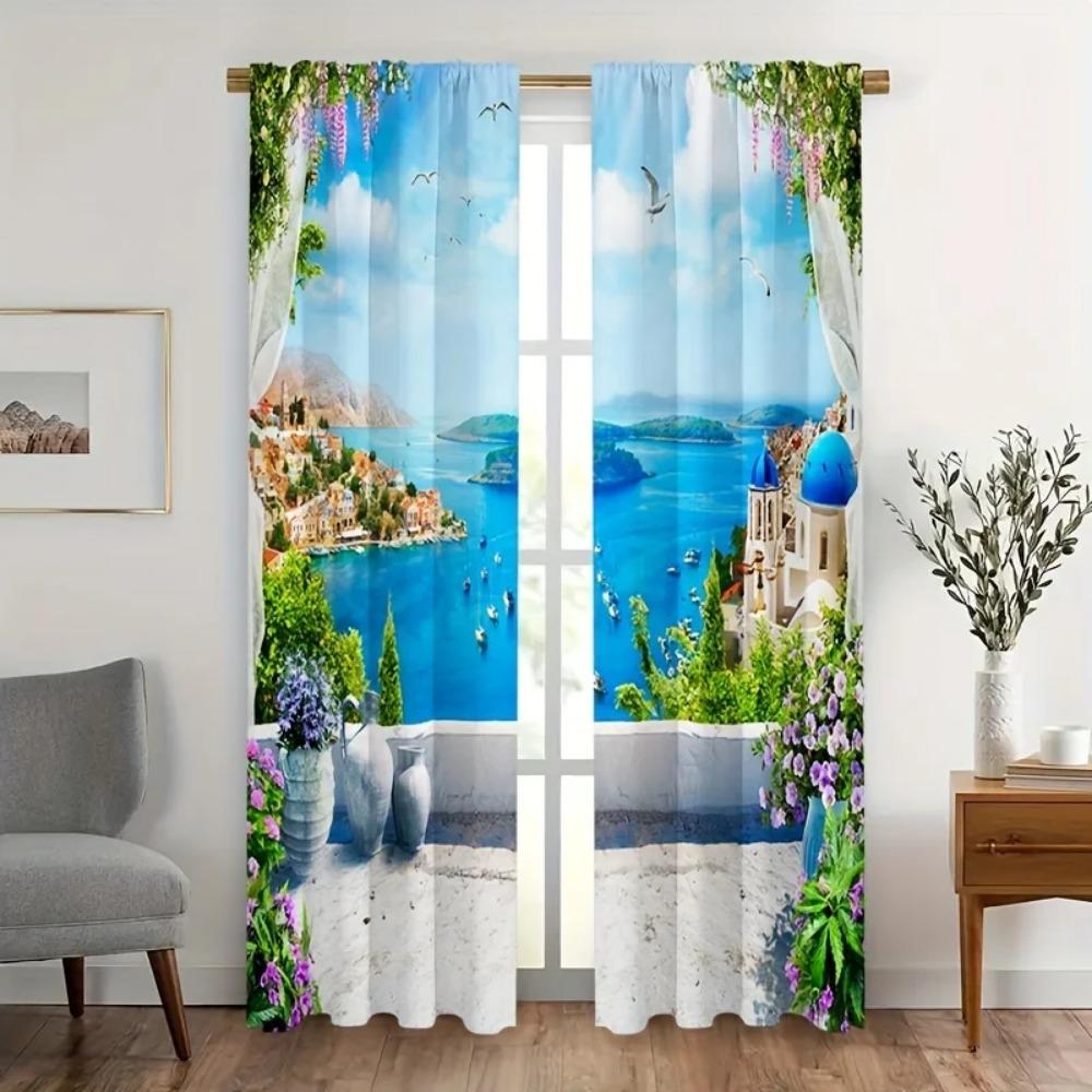 2 Panels Seaside Tropical Scenery Curtains Rod Pocket Curtain Suitable For Villa Resorts Farmhouse Living Room Bedroom Offices